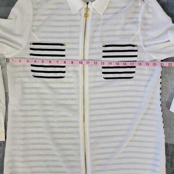 Anne Klein Roll Tab Sleeve Navy Blue White Striped Full Zip Semi Sheer Blouse L - Picture 9 of 11